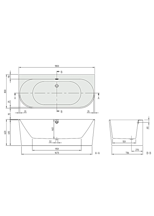 Ванна пристінна кварилова VILLEROY & BOCH Oberon 2.0 180x80см UBQ180OBR9CD00V-01