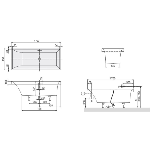 Ванная квариловая прямоугольная VILLEROY&BOCH SQUARO 170*75см, в комплекте с ножками, UBQ170SQR2V-01