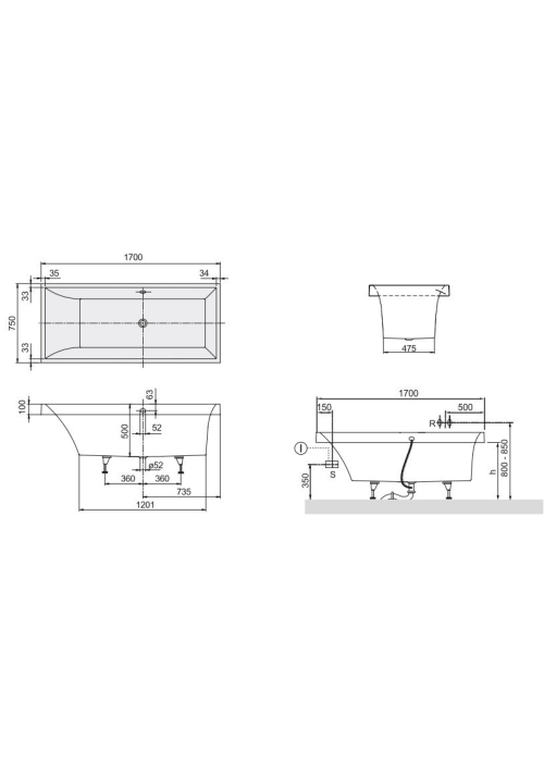 Ванная квариловая прямоугольная VILLEROY&BOCH SQUARO 170*75см, в комплекте с ножками, UBQ170SQR2V-01