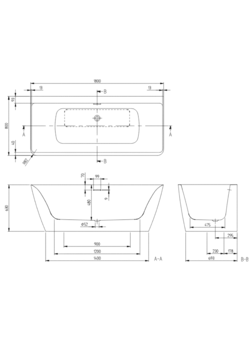 Ванна пристінна кварилова VILLEROY & BOCH SUBWAY 3.0 180x80см UBQ180SBW9CS00V-01