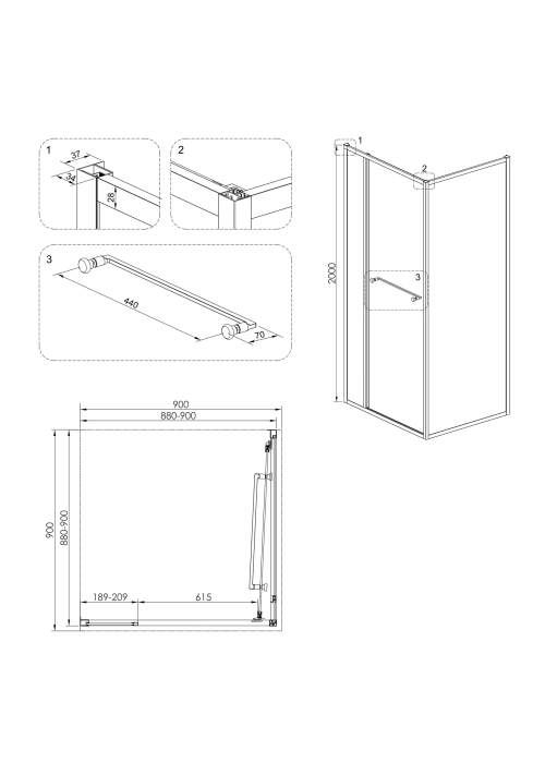 Душова кабіна Volle CRUZE,  90x90x200, без піддону, скло прозоре, 1047.124704