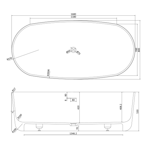 Ванна VOLLE окрема кам'яна Solid surface 1680*800*530 мм, 12-40-036