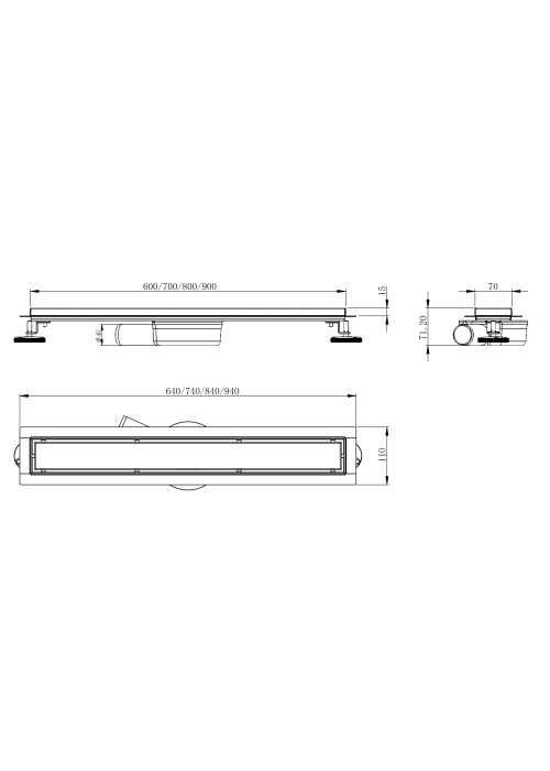 Лінійний трап Volle MASTER LINEA Onda 600мм, комбінований затвор, поворотний сифон, патрубок Ø40/50, з перфорованою решіткою, de la noche 9046.210104