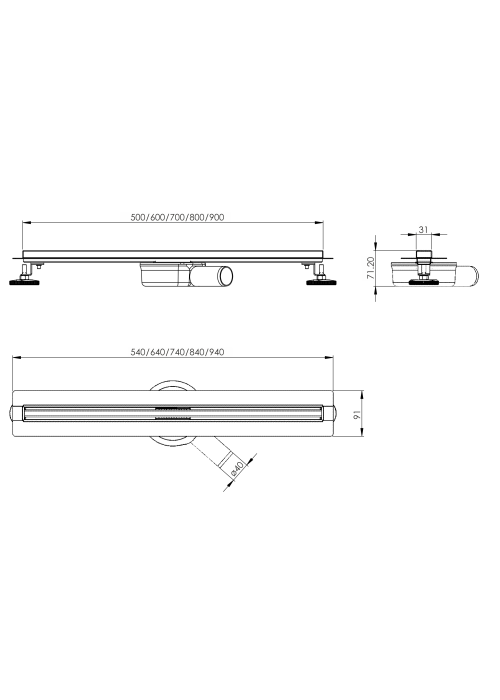 Лінійний трап Volle MASTER LINEA Flecha 500мм; комбінований затвор; поворотний сифон; патрубок Ø40/50; з тонкими ґратами; 9046.210704