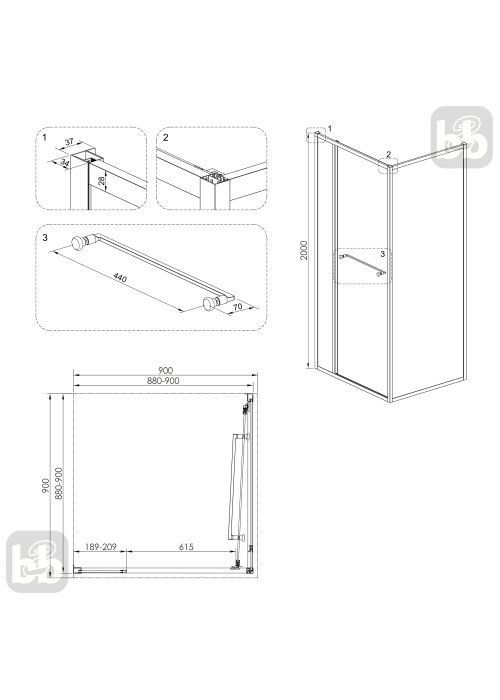 Душова кабіна Volle CRUZE,  90x90x200, без піддону, скло прозоре COME IN, 1047.124701