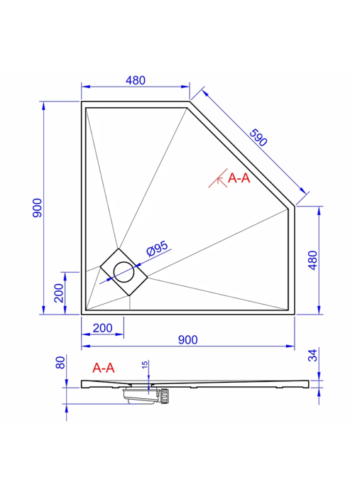 Душовий піддон п'ятикутний Weston WT5 90x90x3.4 чорний WPD-P-90x90-B