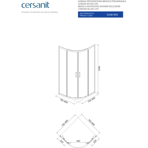 Напівкрагла душова кабіна Cersanit BRASCO 80x80x190 хром Піддон 80x80x16 + панель (S168-001+S204-003)