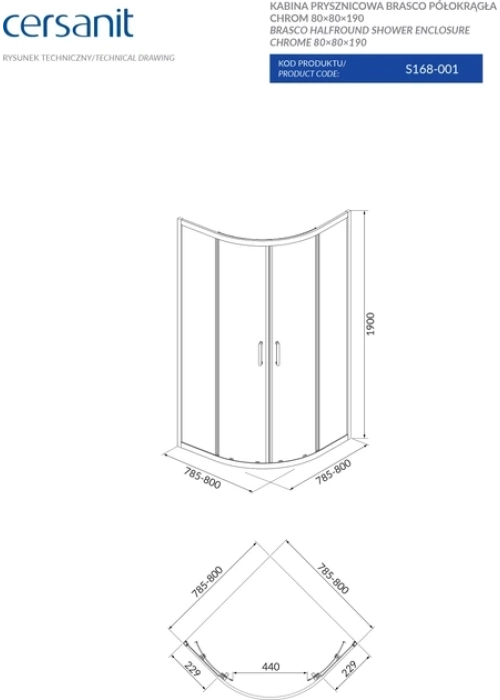 Полукраглая душевая кабина Cersanit BRASCO 80x80x190 хром Поддон 80x80x16 + панель (S168-001+S204-003)