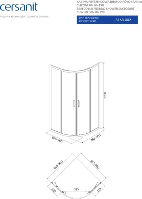 Полукраглая душевая кабина Cersanit BRASCO 90x90x190 хром + Поддон 90x90x16 + панель (S168-002+S204-004)
