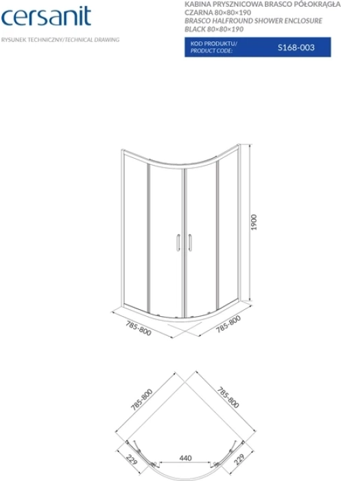Полукраглая душевая кабина Cersanit BRASCO 80x80x190 черный + поддон 80x80x16 + панель (S168-003+S204-003)