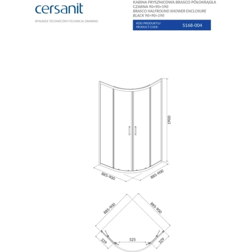 Напівкругла душова кабіна Cersanit BRASKO 90x90x190 чорний + піддон 90x90x16 + панель (S168-003+S204-003)