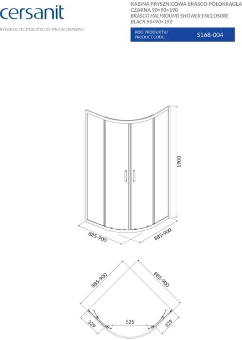 Полукраглая душевая кабина Cersanit BRASCO 90x90x190 черный + поддон 90x90x16 + панель (S168-003+S204-003)