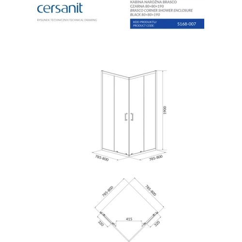 Квадратна душова кабіна Cersanit BRASCO 80x80x190 + Піддон 80x80x16 + панель (S168-007+S204-011)
