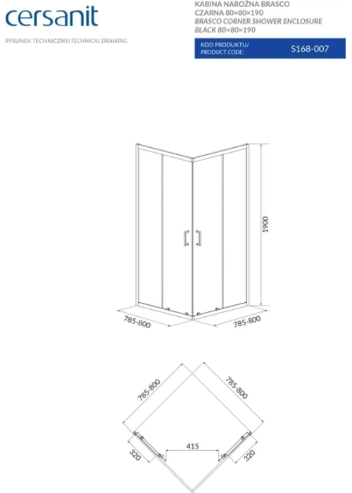 Квадратная душевая кабина Cersanit BRASCO 80x80x190 + Поддон 80x80x16 + панель (S168-007+S204-011)