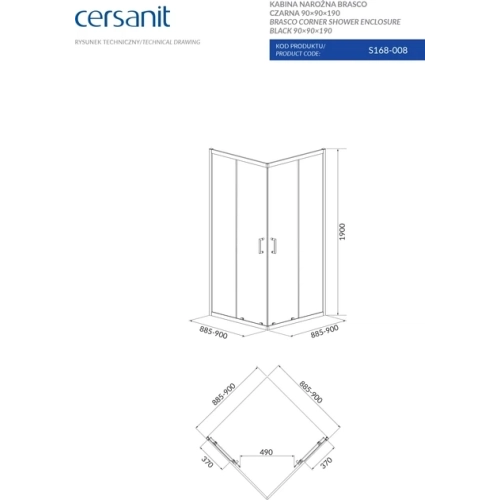 Квадратна душова кабіна Cersanit BRASCO 90x90x190 Піддон 90x90x16 + панель (S168-008+S204-012)