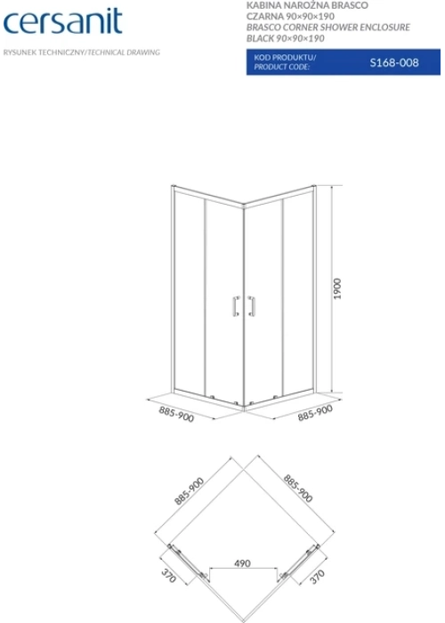 Квадратная душевая кабина Cersanit BRASCO 90x90x190 Поддон 90x90x16 + панель (S168-008+S204-012)
