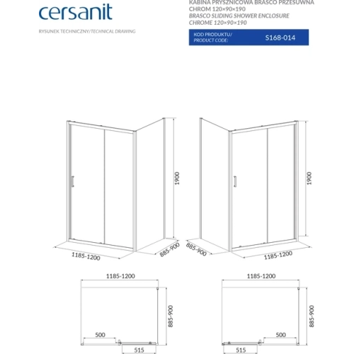 Прямокутна душова кабіна Cersanit BRASCO 120х90х190 хром з піддоном та панеллю (S168-014+S204-028)