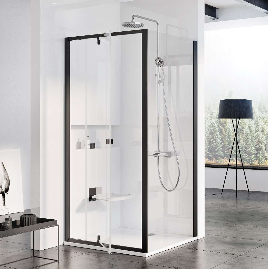 Стінка для душової кабінки Ravak PIVOT PPS - 100, чорний + TRANSPARENT, 90GA0300Z1