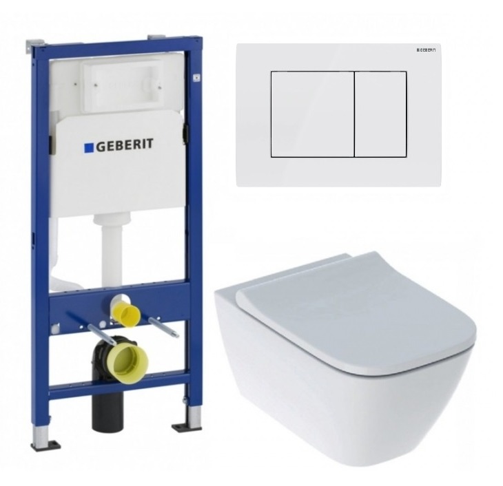 Інсталяція GEBERIT Duofix (458.103.00.1) з підвісним унітазом Geberit Smyle Square Rimfree 500.683.00.2 + Кнопка змиву Geberit, Delta 30 115.137.11.1